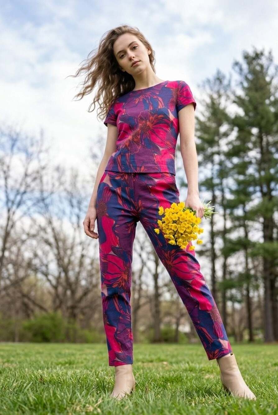 Trina Turk Floral Slim Leg Trousers in Purple and Fuchsia #721